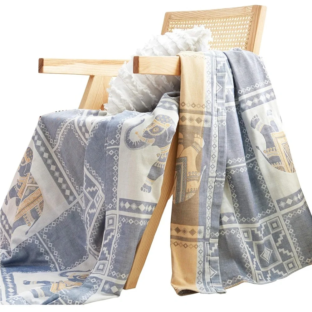 Soft Cotton Elephant Print Lightweight Throw Blanket Blue Yellow & Cream